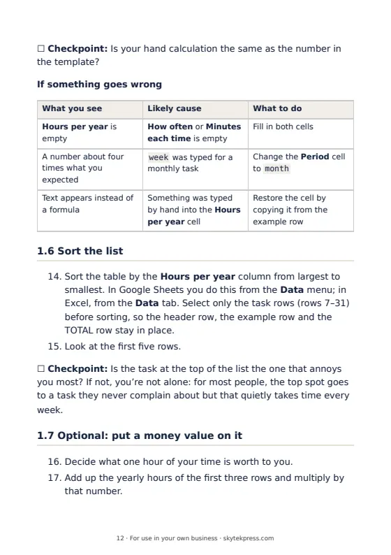 Book page: a worked example with three tasks and their yearly hours