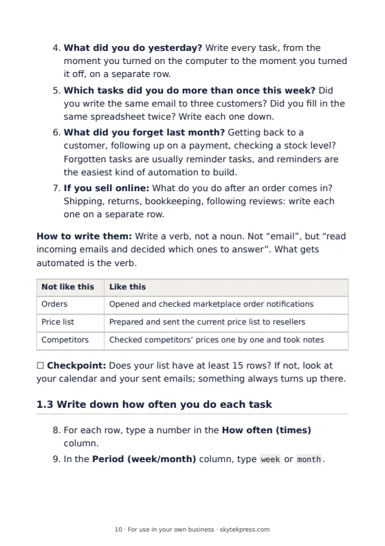 Book page: a table for turning how often a task happens into a weekly number